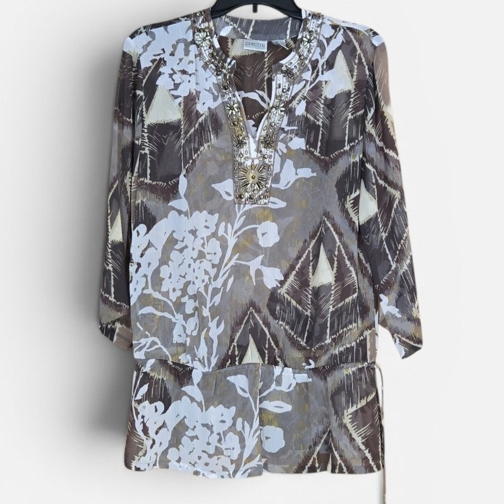 Chicos Brown Floral Embellished V-Neck Sheer Tunic Top Size 1 Boho
